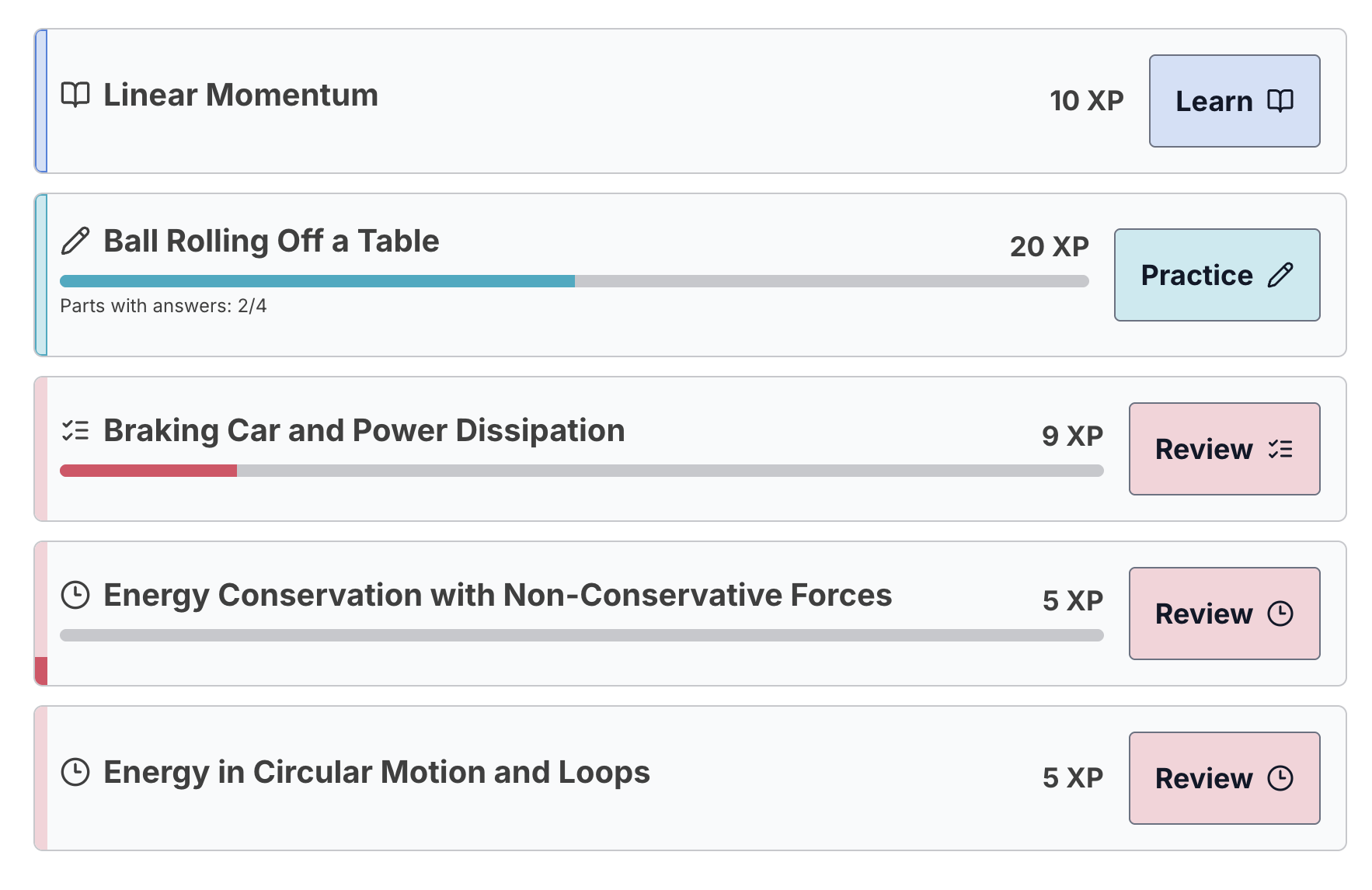 Learning menu showing physics topics with progress tracking